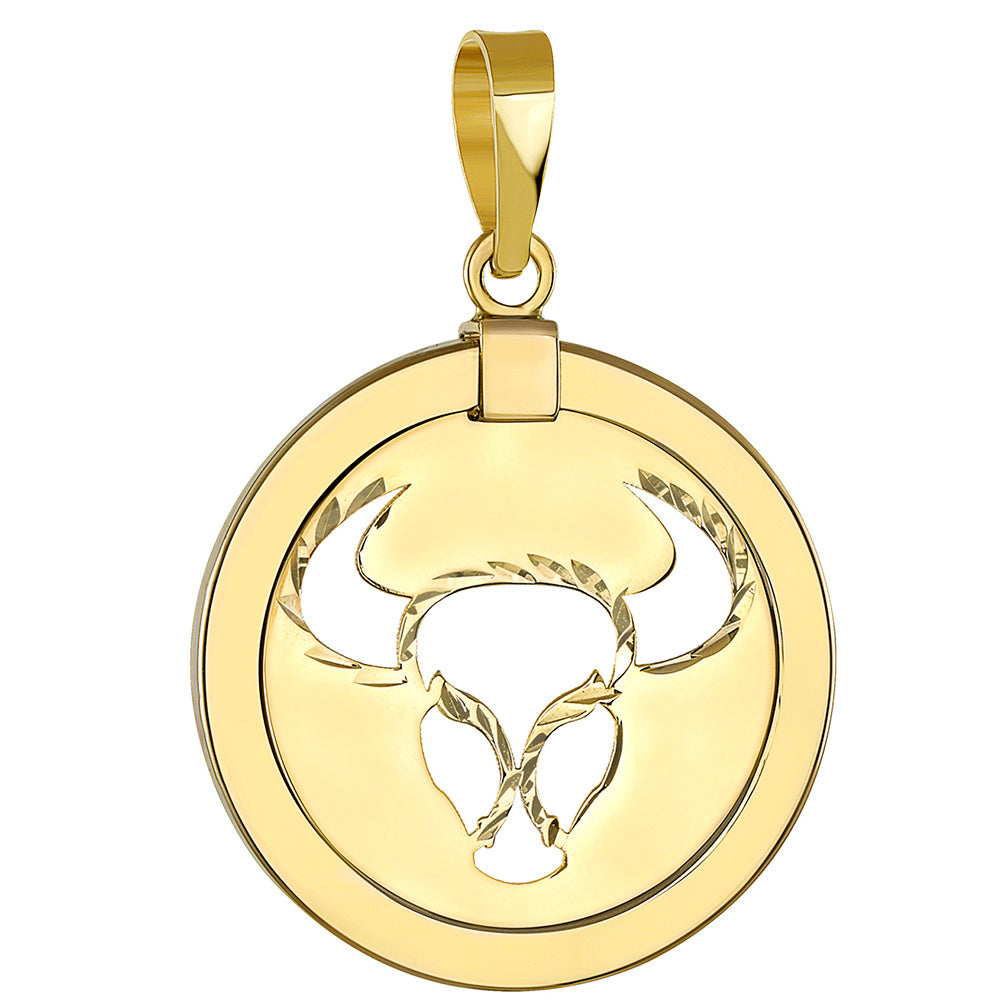 14K Yellow Gold Reversible Round Bull Taurus Zodiac Sign Pendant