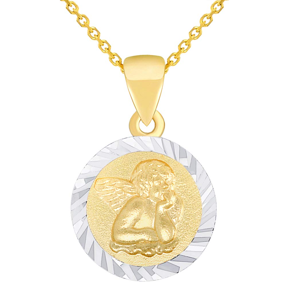 Solid 14K Yellow Gold Round Guardian Angel Textured Medallion Charm Pendant Necklace Available with Rolo, Curb, or Figaro Chain