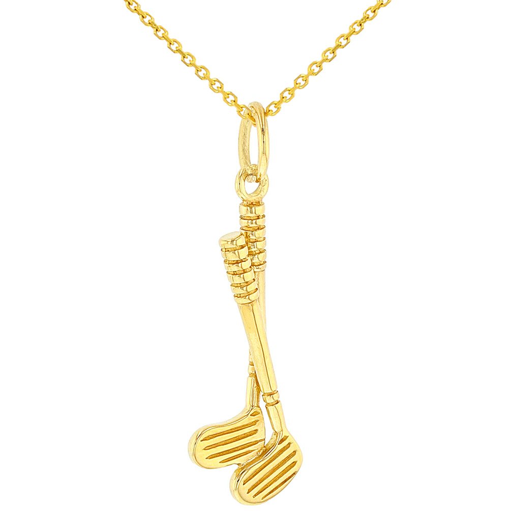 Solid 14K Yellow Gold Set of Golf Clubs Charm Sports Pendant with Cable, Curb, or Figaro Chain Necklaces
