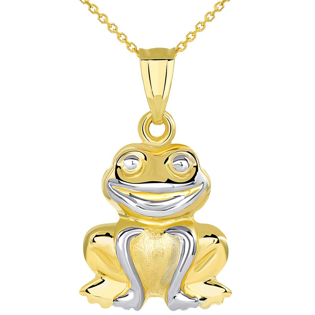 High Polished 14K Yellow Gold Smiling Frog Charm 3D Animal Pendant with Cable, Curb, or Figaro Chain Necklaces