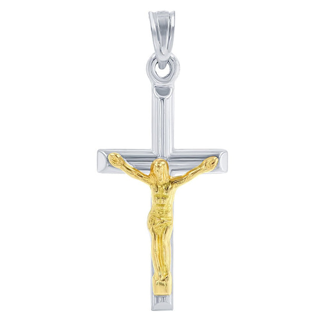 Jesus Cross Crucifix Pendant Necklace – Textured Two-Tone Design In Real 10K Yellow Gold
