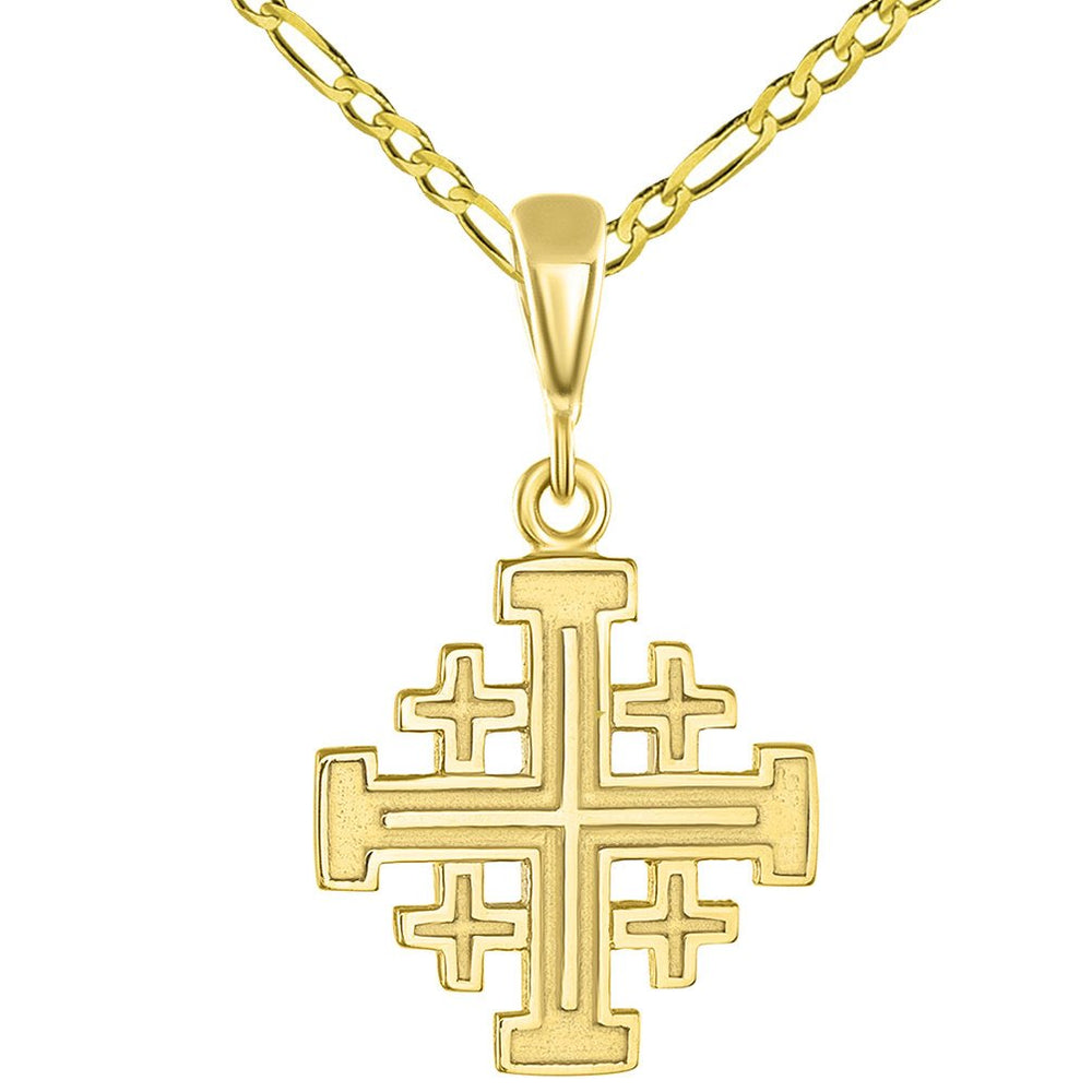 Solid 14K Yellow Gold Crusaders Jerusalem Cross Pendant with Figaro Chain Necklace