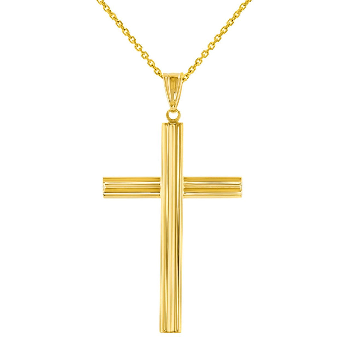 14K Yellow Gold Plain Religious Cross Pendant with Cable, Curb, or Figaro Chain Necklaces