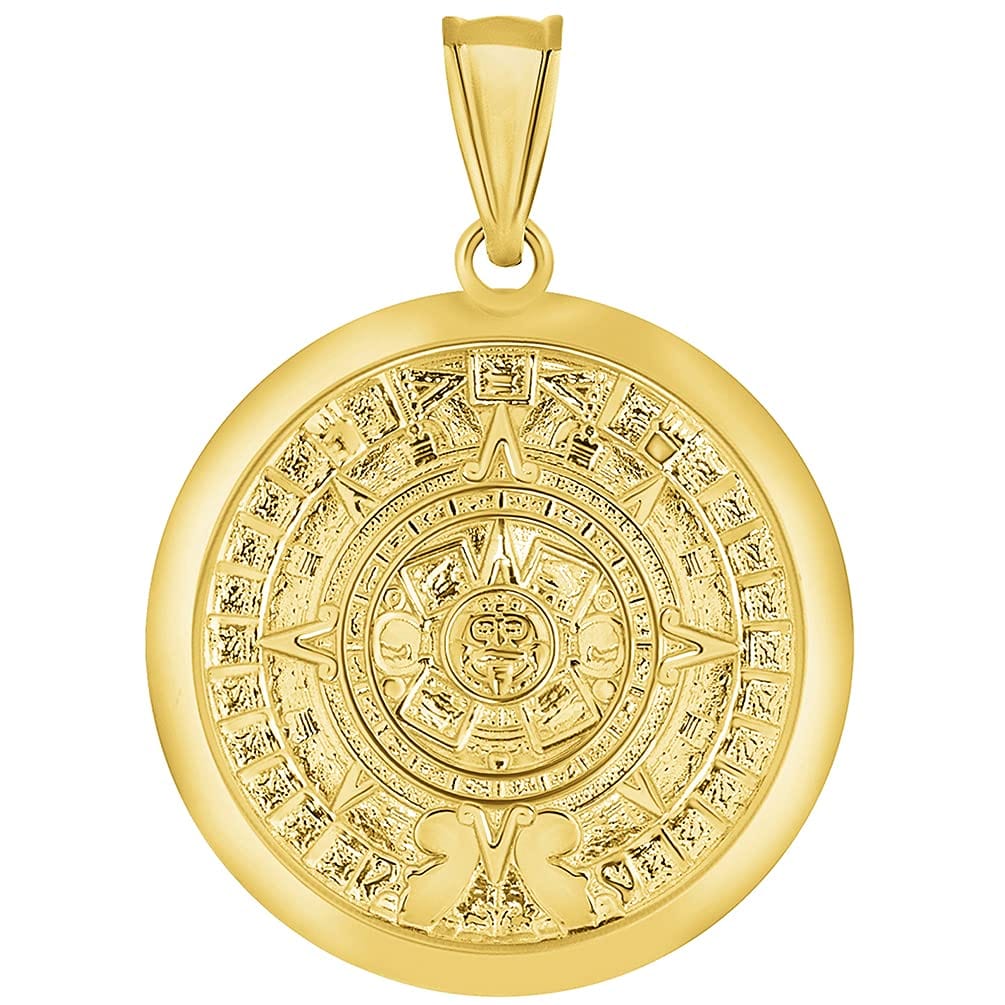 14k Yellow Gold Aztec Mayan Sun Calendar Medallion Pendant