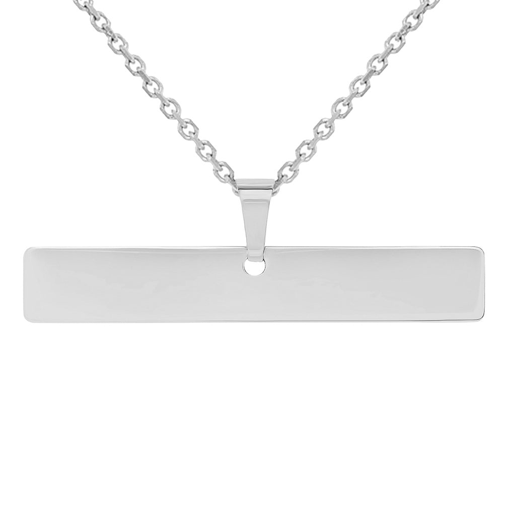Solid 14k White Gold Engravable Personalized Horizontal Bar Charm Pendant Necklace