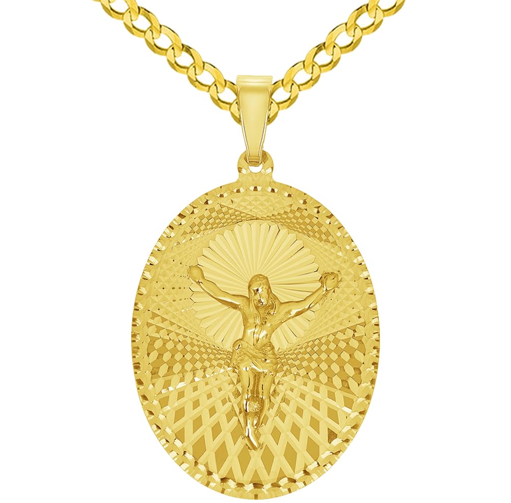 14k Yellow Gold Oval Shape Jesus Crucifix Textured Medallion Pendant with Cuban Curb Chain Necklace - 4 Sizes