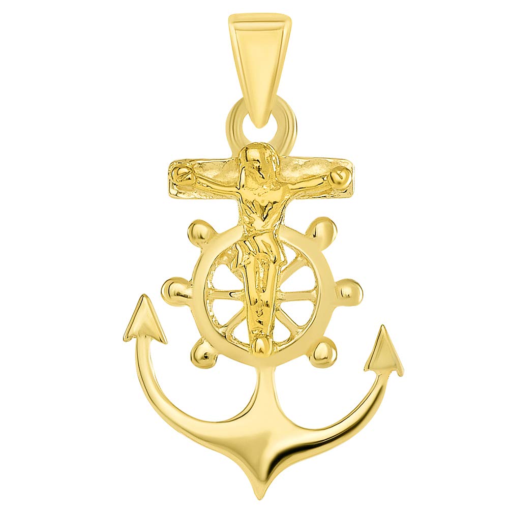 Solid 14k Yellow Gold Religious Anchor Cross Charm Mariners Crucifix Pendant