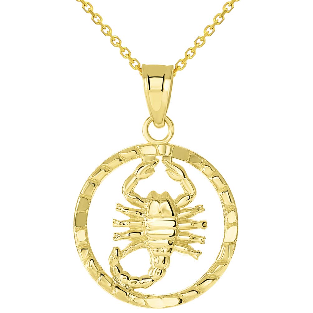 14k Yellow Gold Textured Scorpion  Scorpio Zodiac Pendant with Rolo, Curb, or Figaro Chain Necklaces