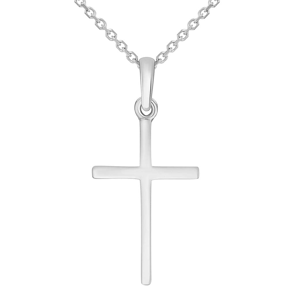 14k Solid White Gold Classic Small Religious Cross Charm Pendant with Cable Chain Necklace