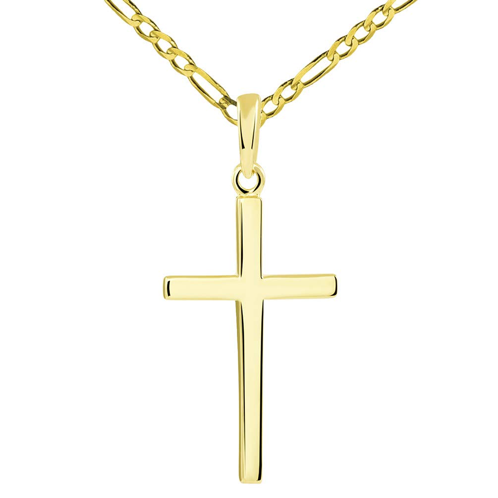14k Solid Yellow Gold Classic Plain Religious Cross Pendant with Figaro Chain Necklace