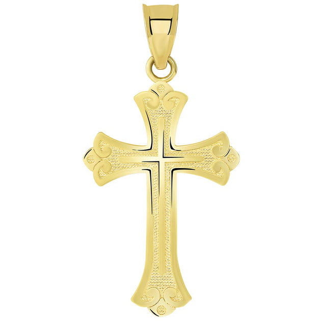 Jewelry America 14k Solid Yellow Gold Fleur De Lis Cross Pendant - Handmade Religious Charm