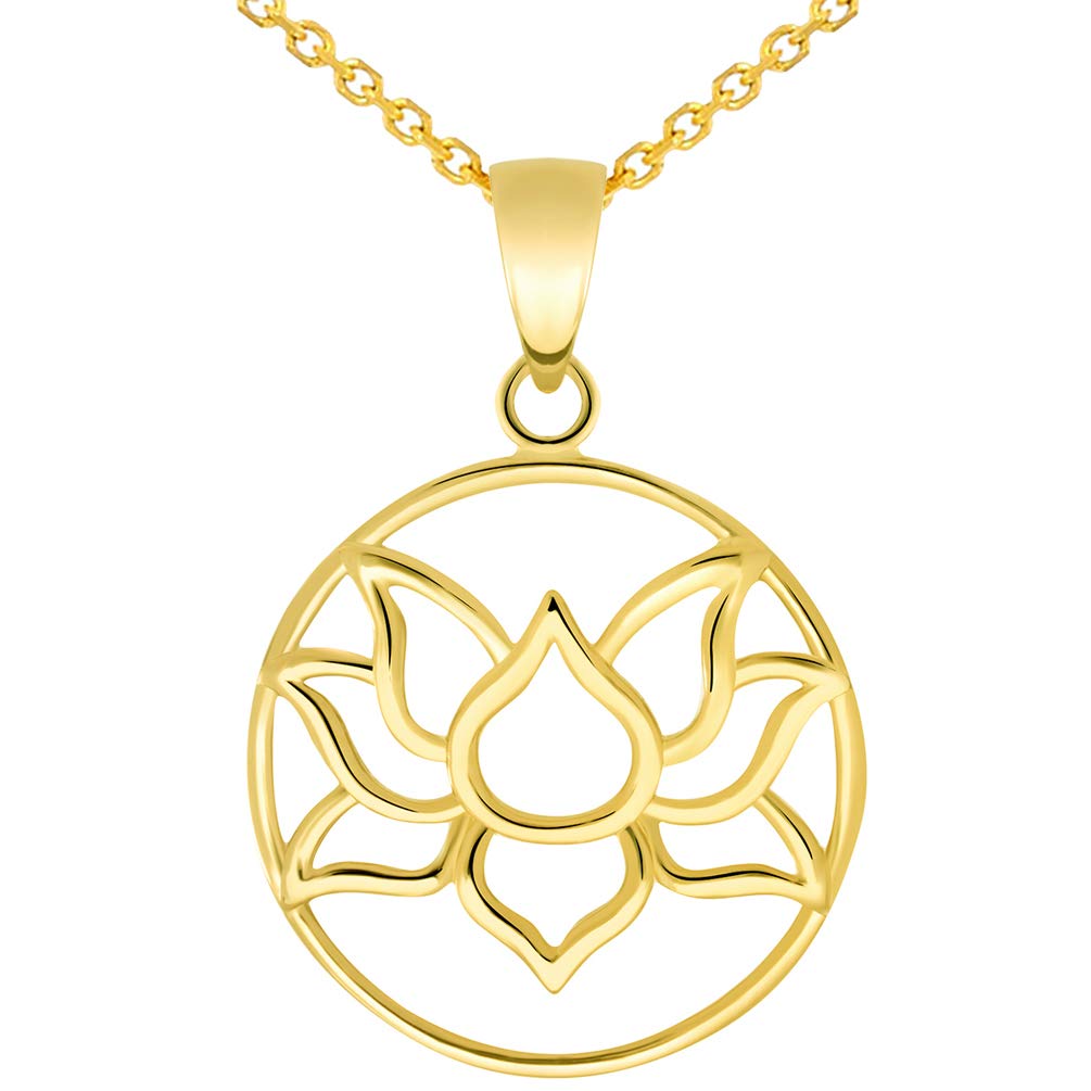 14k Yellow Gold Open Round Lotus Charm Padma Flower Pendant with Cable, Curb, or Figaro Chain Necklaces