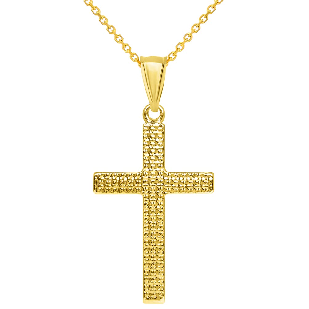 14k Yellow Gold Polished and Textured Religious Cross Pendant with Rolo Cable, Cuban Curb, or Figaro Chain Necklaces