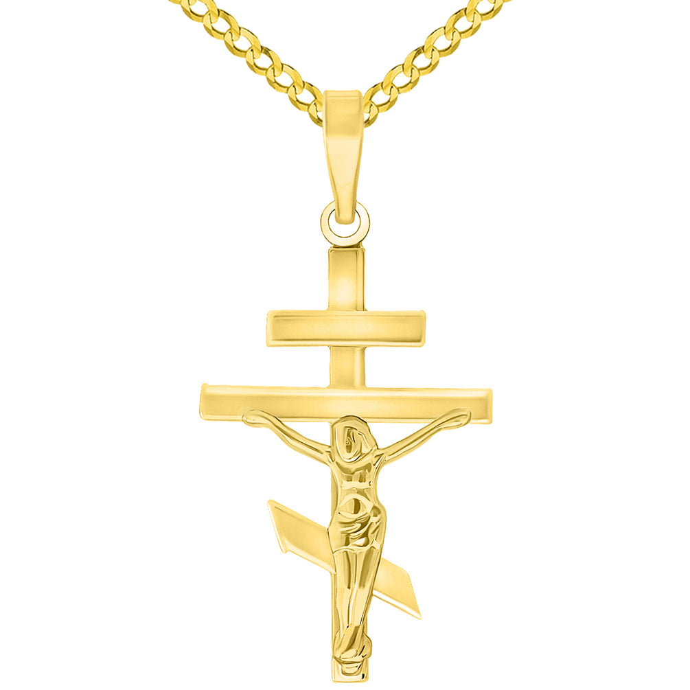 High Polish 14k Yellow Gold Russian Orthodox Cross Crucifix Pendant with Cuban Curb Chain Necklace