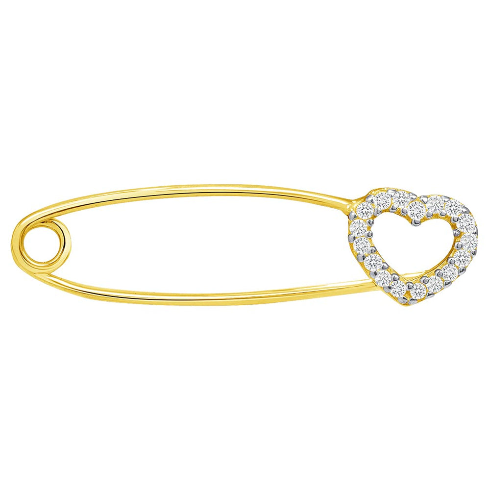 14k Yellow Gold Open Heart Pin Brooch with Cubic Zirconia