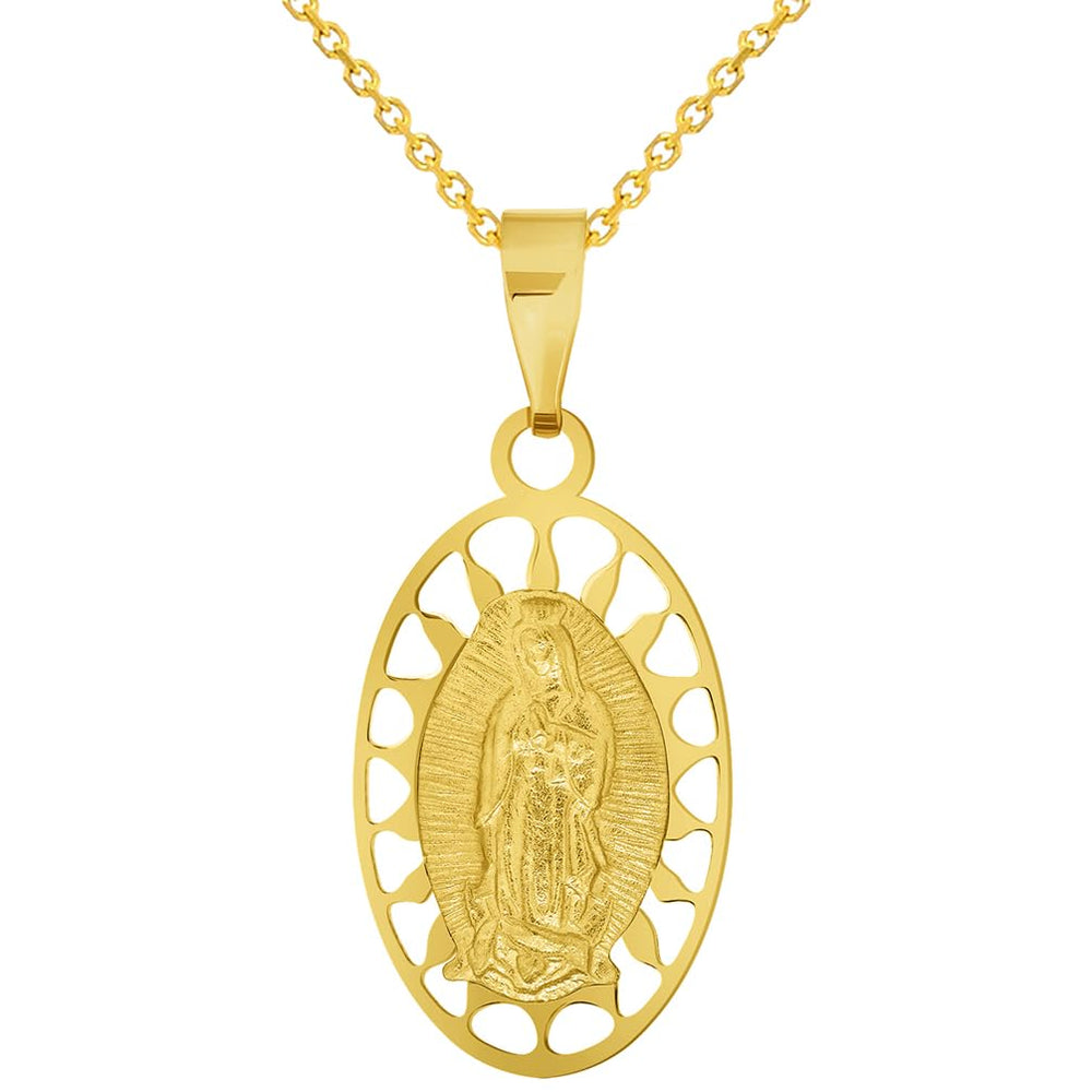 14k Yellow Gold Our Lady Of Guadalupe Elegant Oval Medallion Pendant with Rolo Cable Chain Necklace