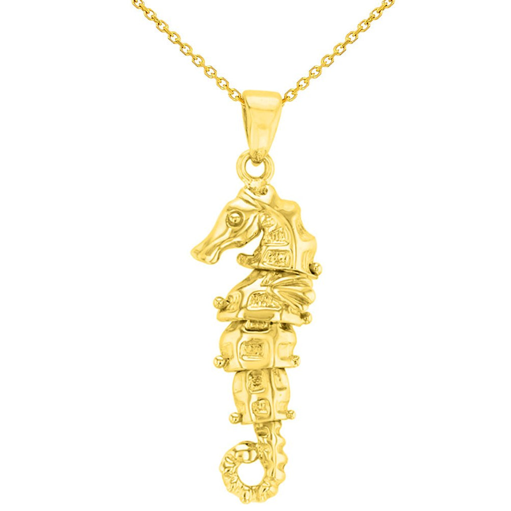 Solid 14K Yellow Gold Dangling Seahorse Pendant With Cable Chain Necklace