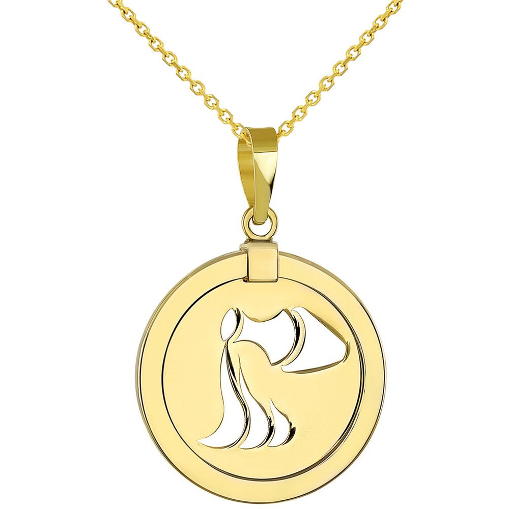 14K Yellow Gold Reversible Round Aquarius Zodiac Sign Pendant With Cable Chain Necklace