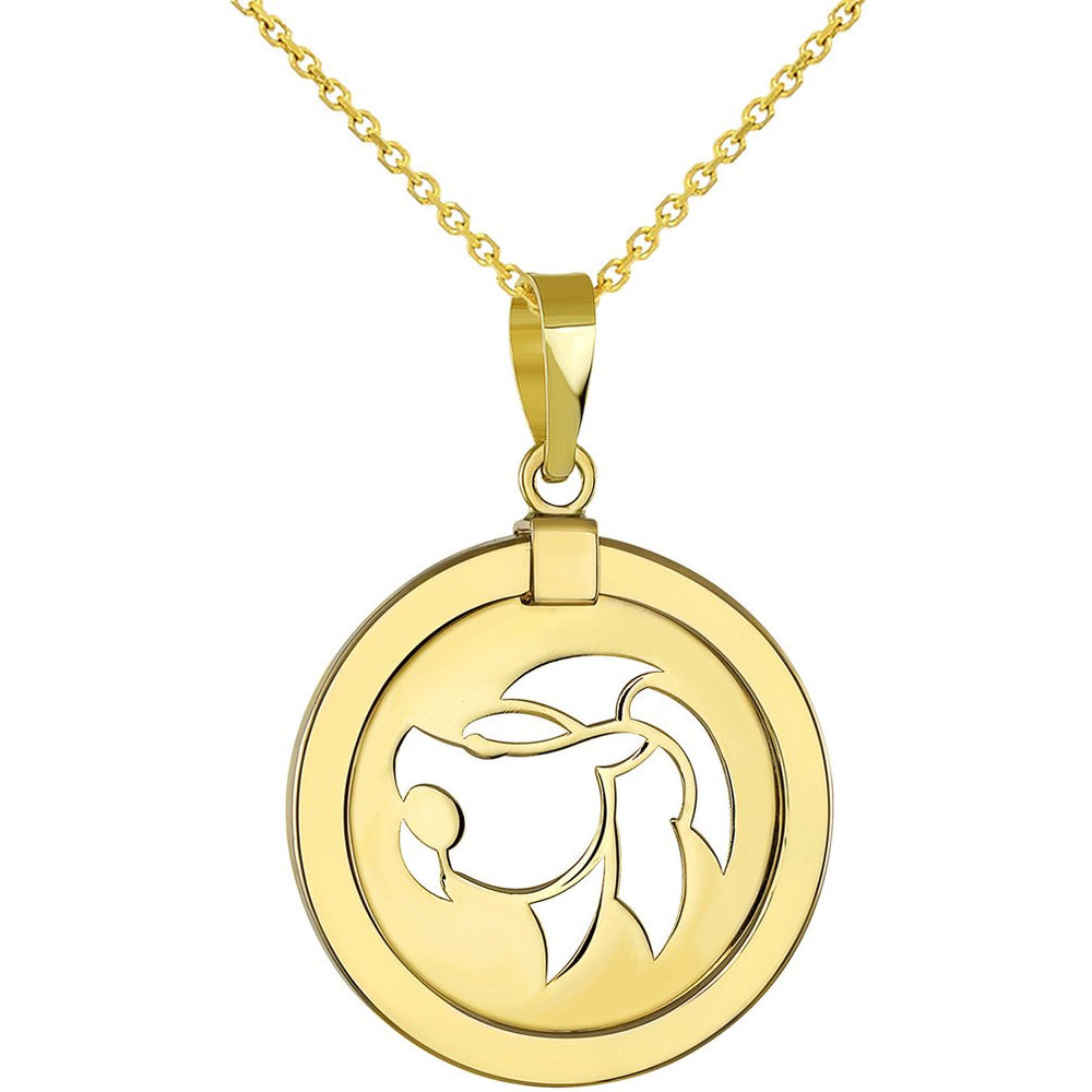 14K Yellow Gold Reversible Round Lion Leo Zodiac Sign Pendant With Cable Chain Necklace