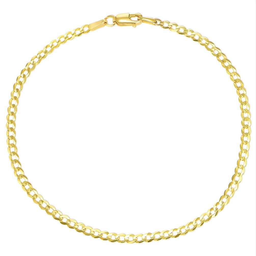 Solid 14k Yellow Gold 2mm Cuban Concave Curb Link Thin Chain Dainty Bracelet with Lobster Claw Clasp