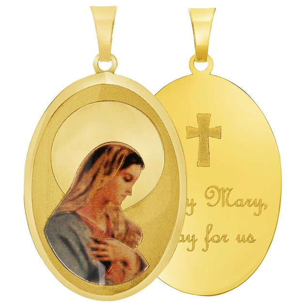 14k Yellow Gold Holy Mary Pray For Us Picture Pendant | Jewelry