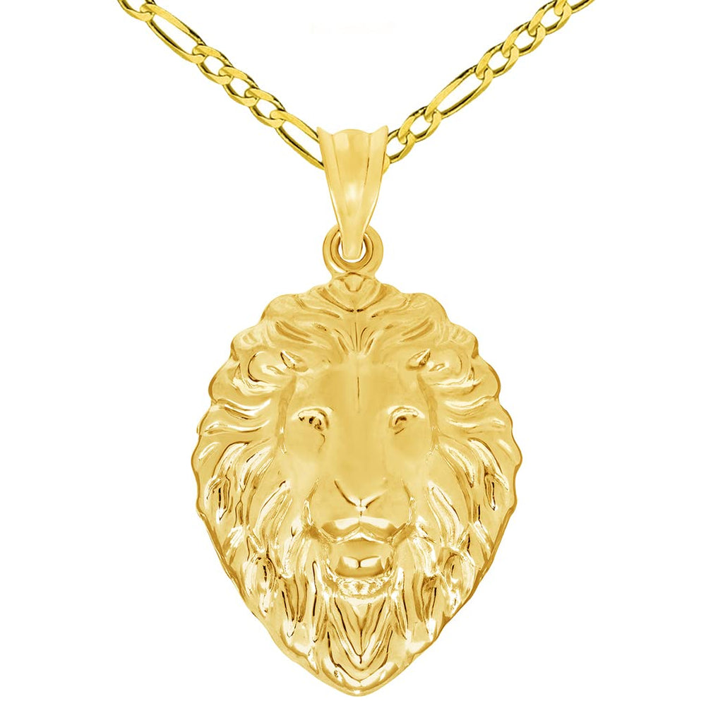 14k Yellow Gold High Polish Lion Head Charm Animal Pendant with Figaro Chain Necklace, 1.1 inch Height