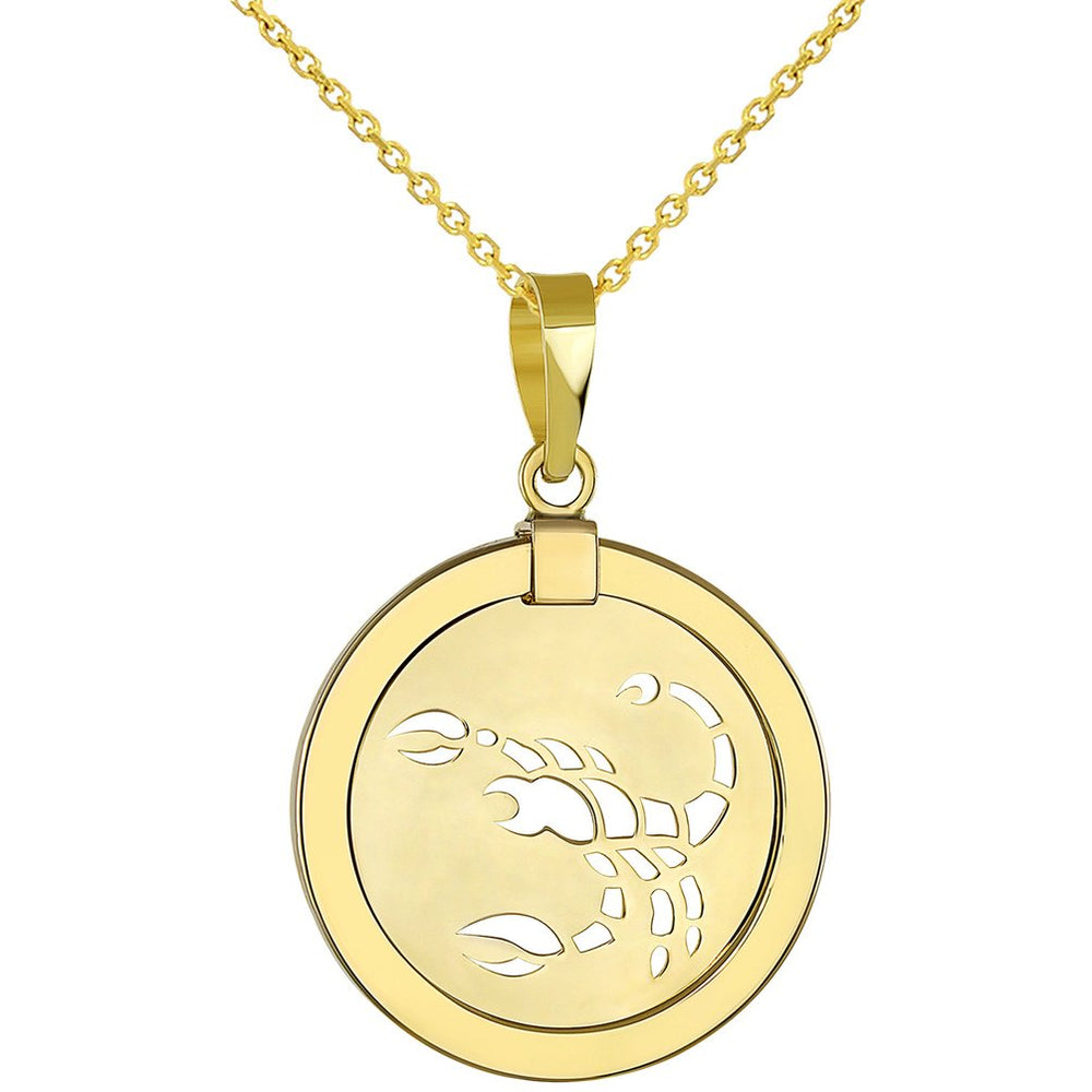 14K Yellow Gold Reversible Round Scorpion Scorpio Zodiac Sign Pendant With Cable Chain Necklace