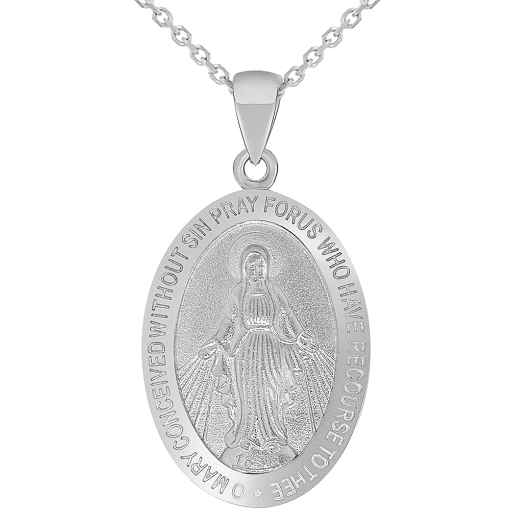 Solid 14k White Gold Small Classic Miraculous Medallion of the Virgin Mary Pendant Necklace