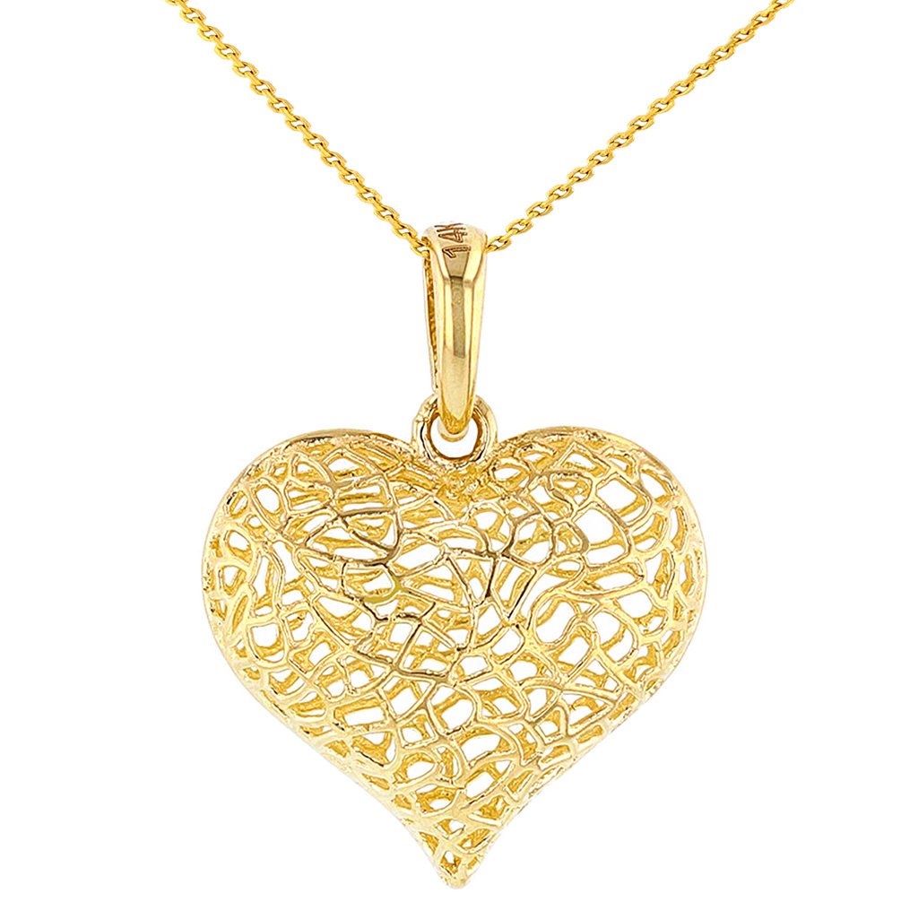 Textured 14K Yellow Gold Puffed Filigree Heart Pendant Necklace