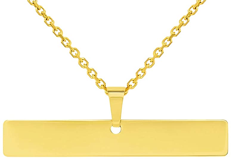 Solid 14k Yellow Gold Engravable Personalized Horizontal Bar Charm Pendant with Cable Necklaces