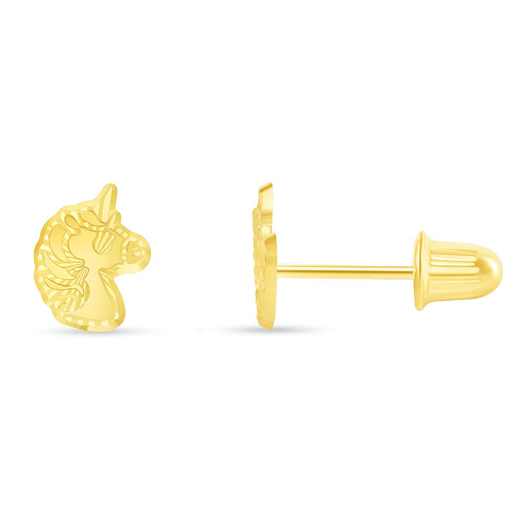 14k Yellow Gold Well-Detailed Unicorn Stud Earrings with Screw Back