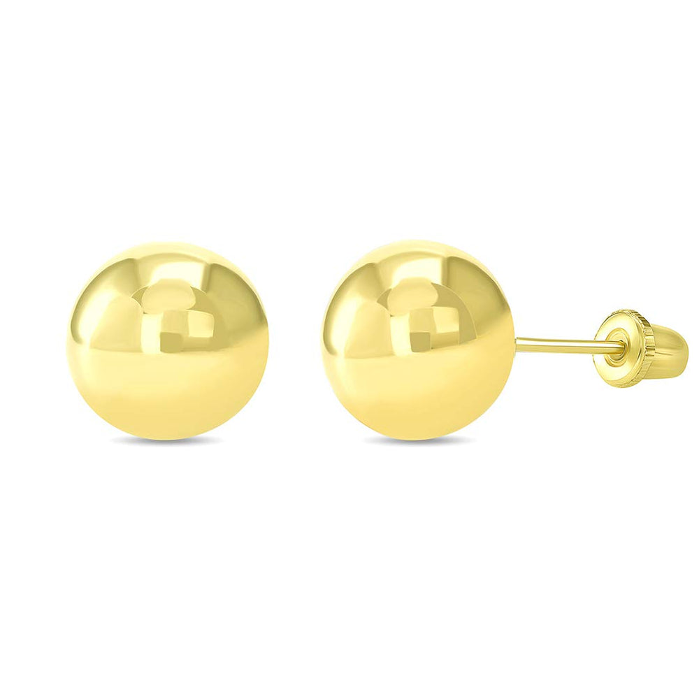 14k Yellow Gold Round Ball Stud Earrings with Screw Back - 7.7mm