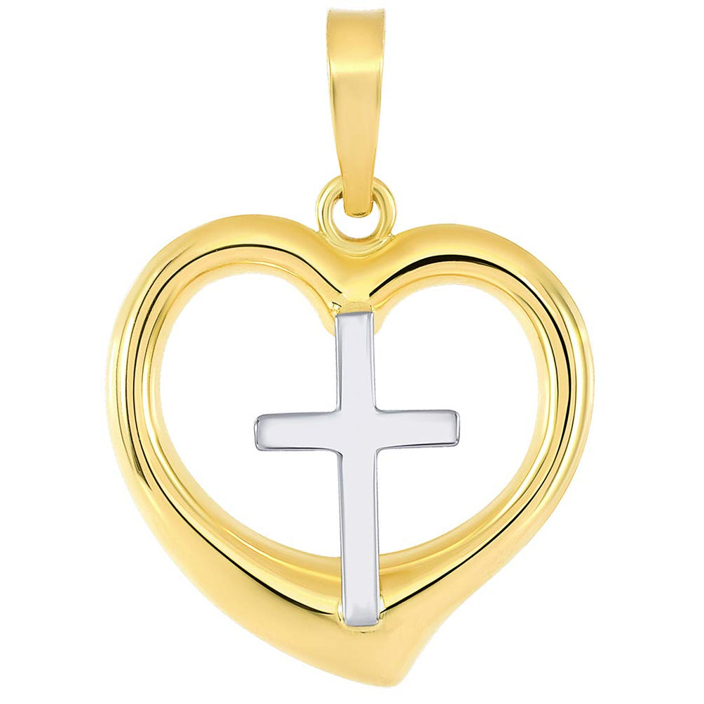 14k Two-Tone Gold Religious Cross Charm in 3D Heart Charm Pendant