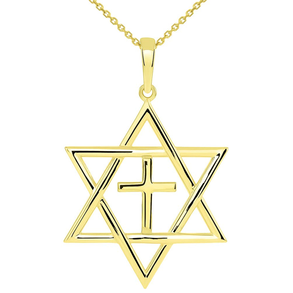14k Yellow Gold Medium Jewish Star of David with Religious Cross Judeo Christian Pendant Rolo Chain Necklace