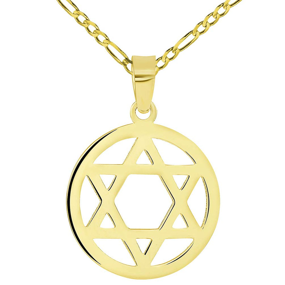 14k Yellow Gold Shield of David Round Jewish Star Pendant with Figaro Necklace