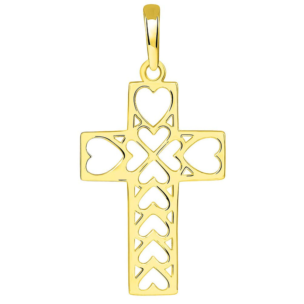 14k Yellow Gold Open Heart Christian Cross Pendant