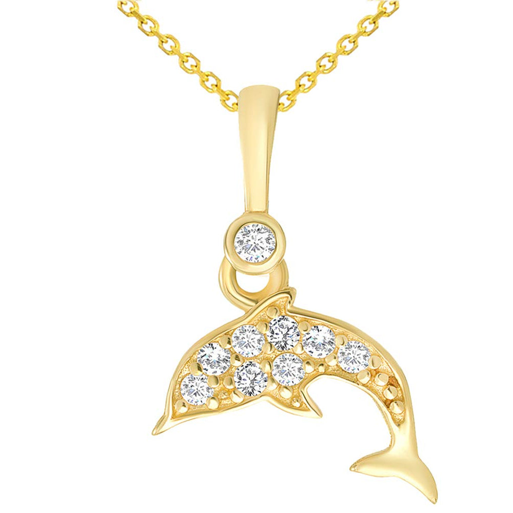 Solid 14K Yellow Gold Cubic Zirconia Studded Dainty Dolphin Charm Sea Life Pendant with Chain Necklace