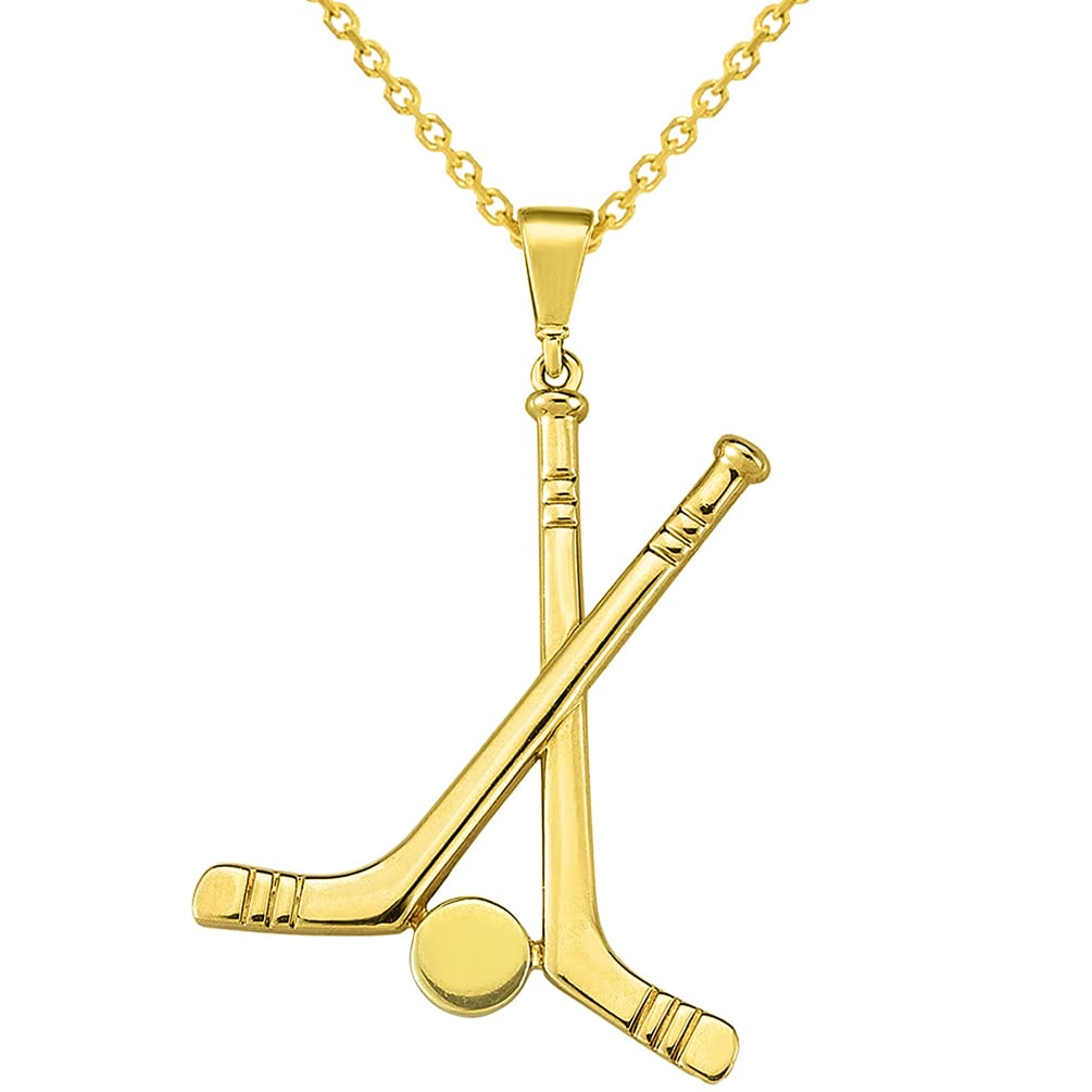 14k Yellow Gold Two Hockey Sticks with Puck Sports Pendant Necklace