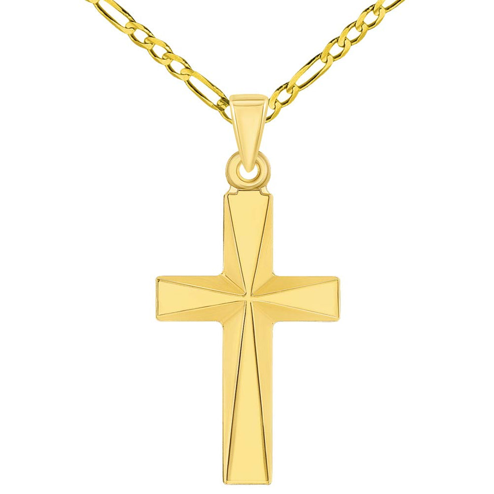 14k Yellow Gold Small Elegant Religious Plain Cross Pendant with Figaro Chain Necklace