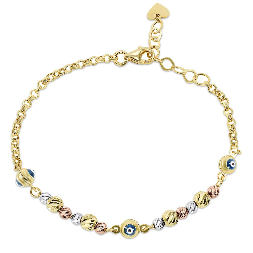 14k Tri-Color Gold Textured Bead Blue Evil Eye Bracelet with Dangling Heart Charm, 6"+1" Extender