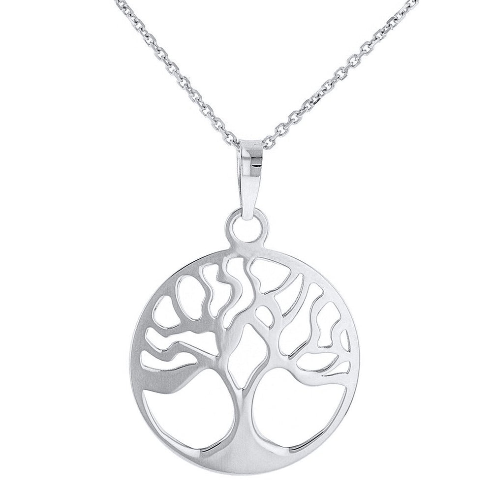 14k Solid White Gold Tree of Life Disk Chain Pendant Necklace