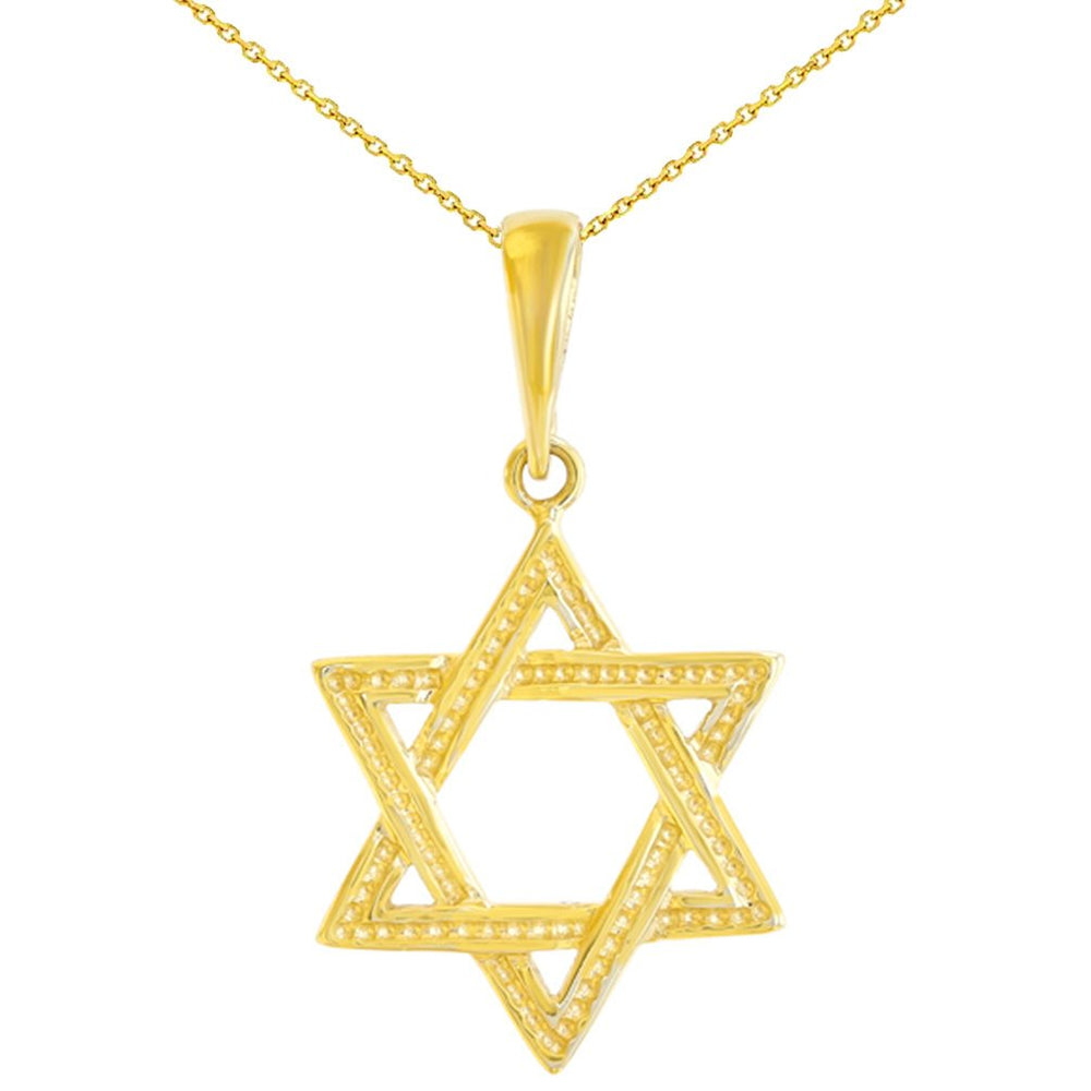 Solid 14K Yellow Gold Textured Jewish Star of David Charm Pendant with Chain Necklace