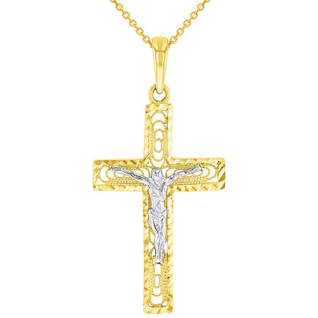 Two Tone 14k Gold Catholic Cross Pendant Necklace Jewelry America