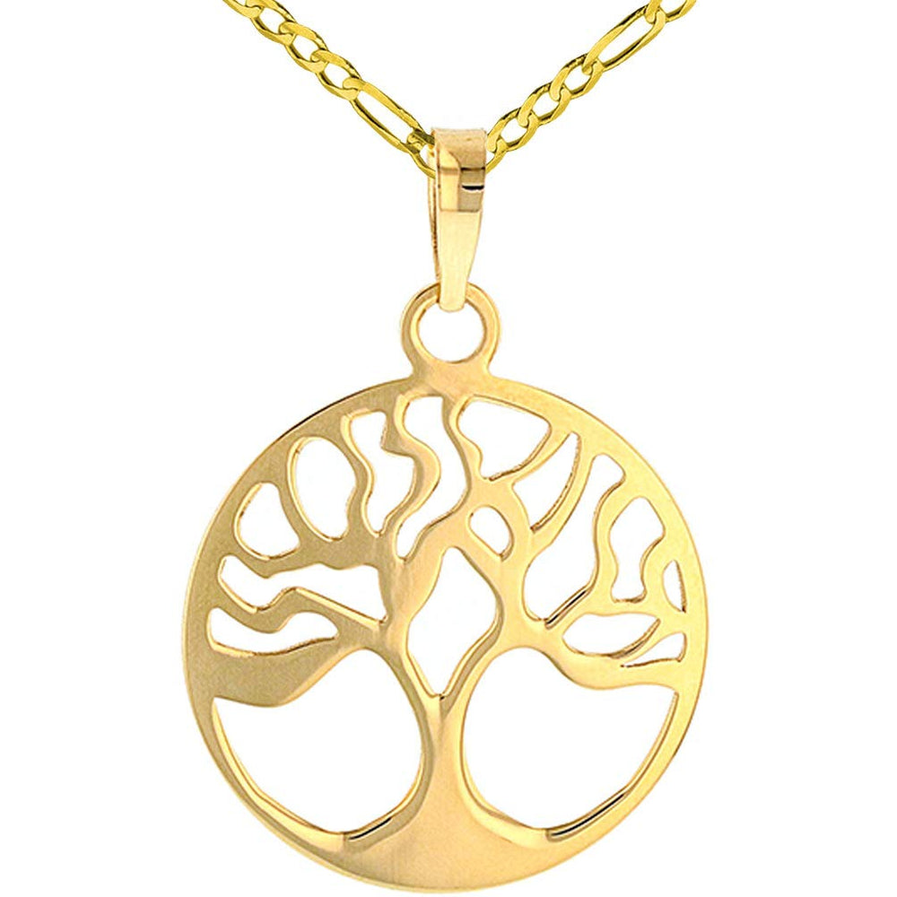 Solid 14k Gold Tree of Life Disk Chain Pendant Figaro Necklace - Yellow Gold