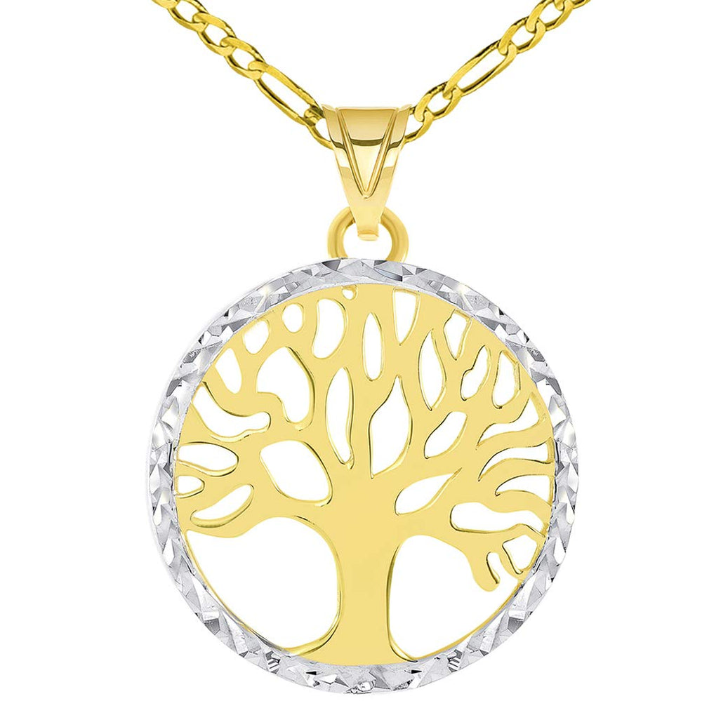 Textured and Polished Round Tree of Life Medallion Pendant with Figaro Chain Necklace