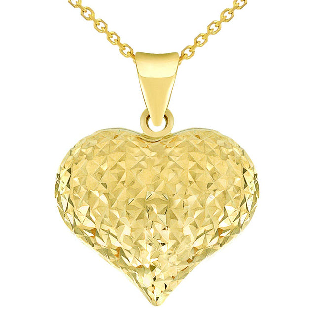 14k Yellow Gold Pendant Necklace Chain Sparkle cut Puffed Heart