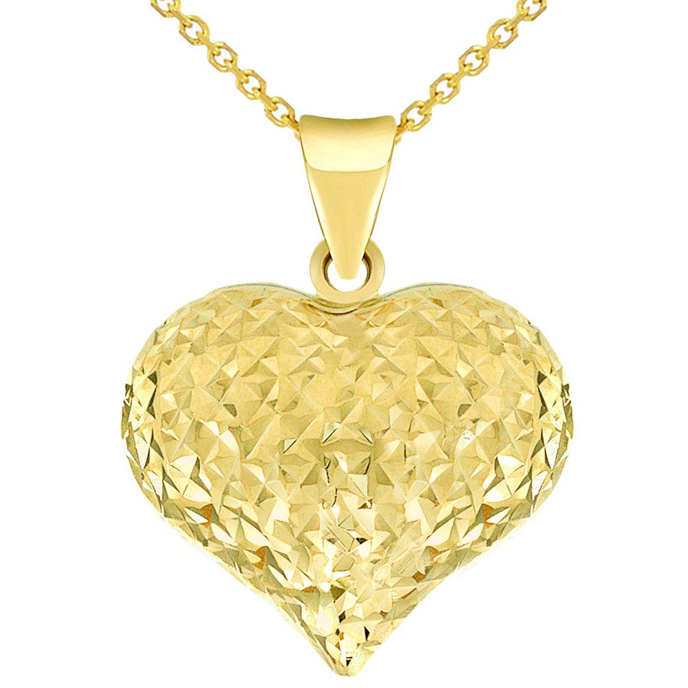 14k Yellow Gold Sparkle Cut Puffed Heart Charm Pendant Necklace