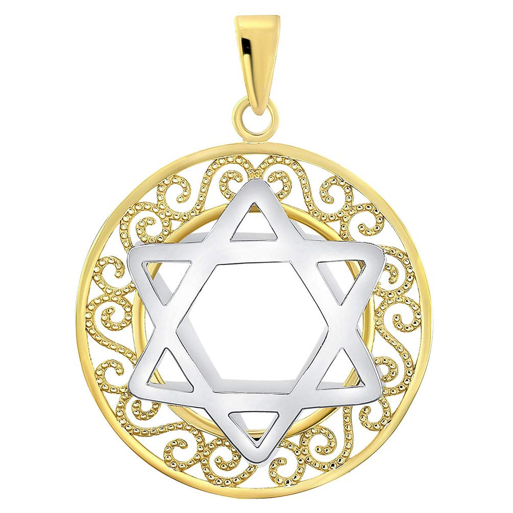 14k Two-Tone Gold 3D Filigree Jewish Star of David Medallion Pendant
