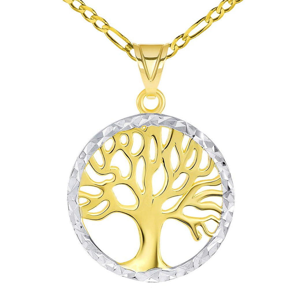 Textured Round Two Tone Tree of Life Medal Pendant with Figaro Chain Necklace