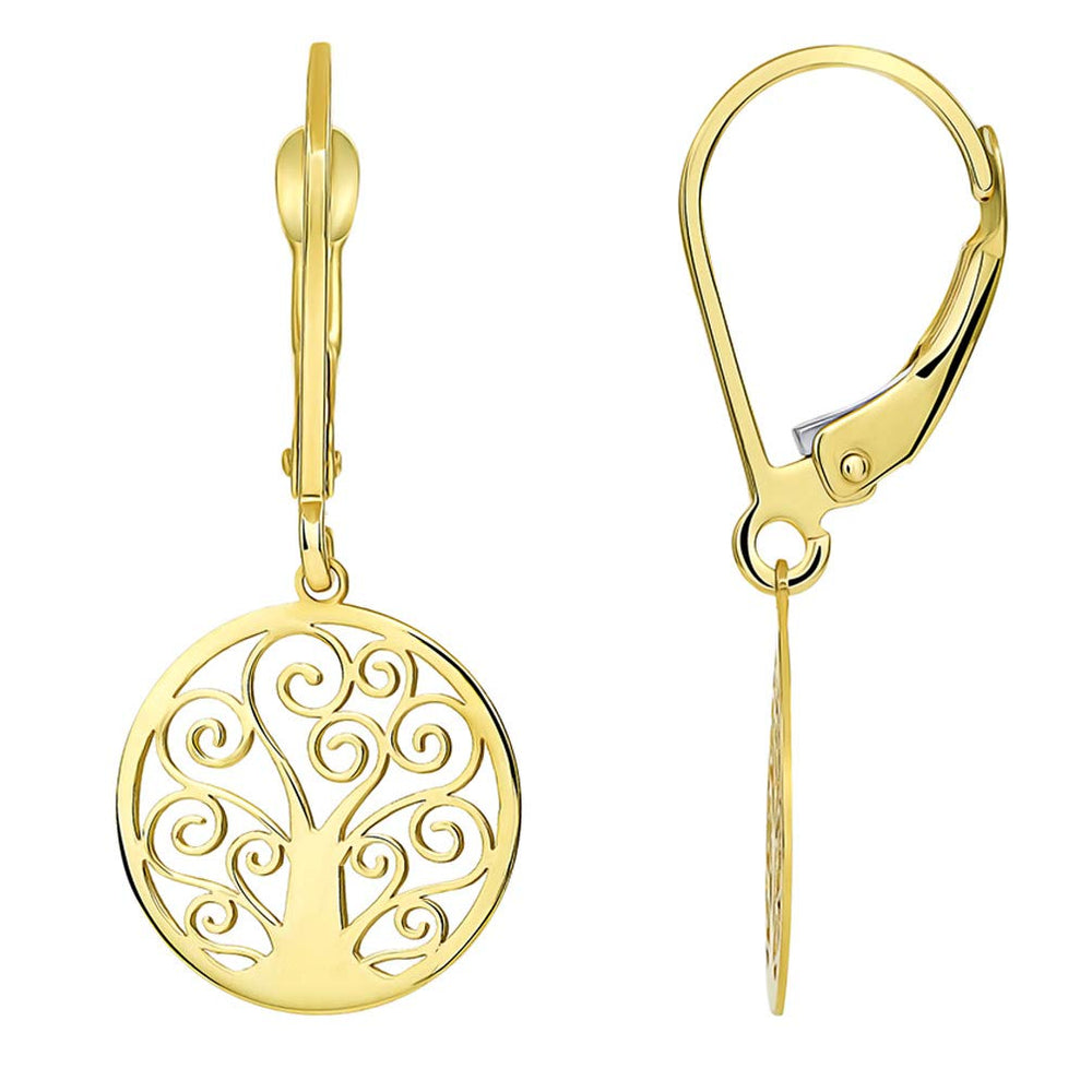Solid 14k Yellow Gold Elegant Round Tree of Life Dangle Drop Earrings with Lever back